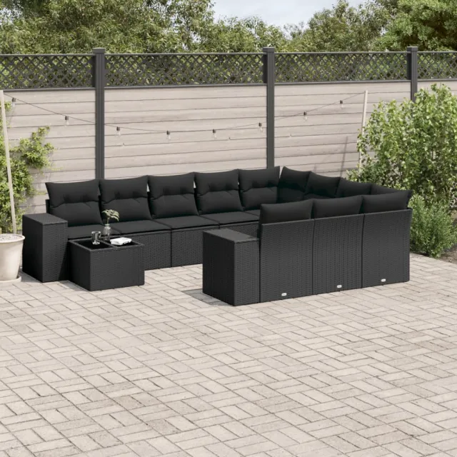 vidaXL 11-delige Loungeset met kussens poly rattan zwart, foto 2