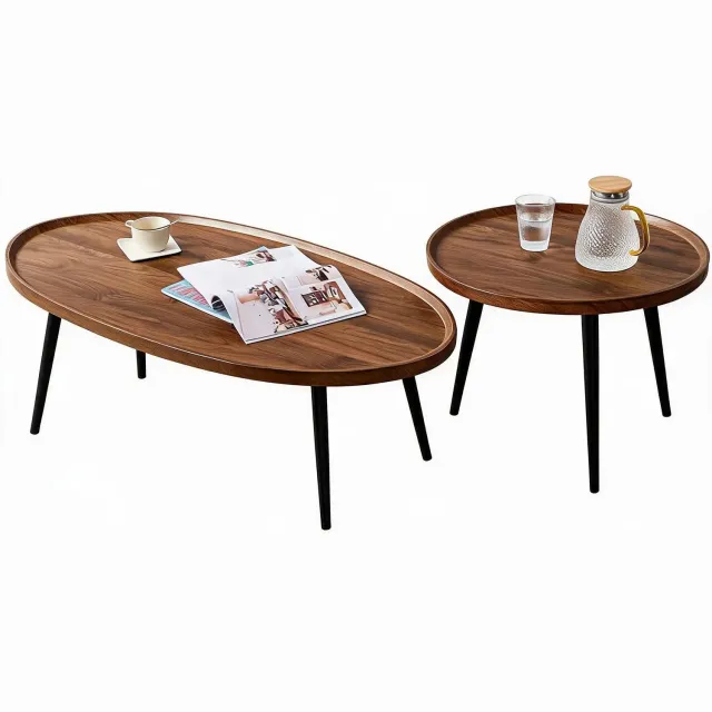 Gudalio Salontafel - Set van 2 - Bijzettafel - Koffietafel - Banktafel - Scandinavisch - Metalen Poten - Houten Blad - Ovaal & Rond Bruin