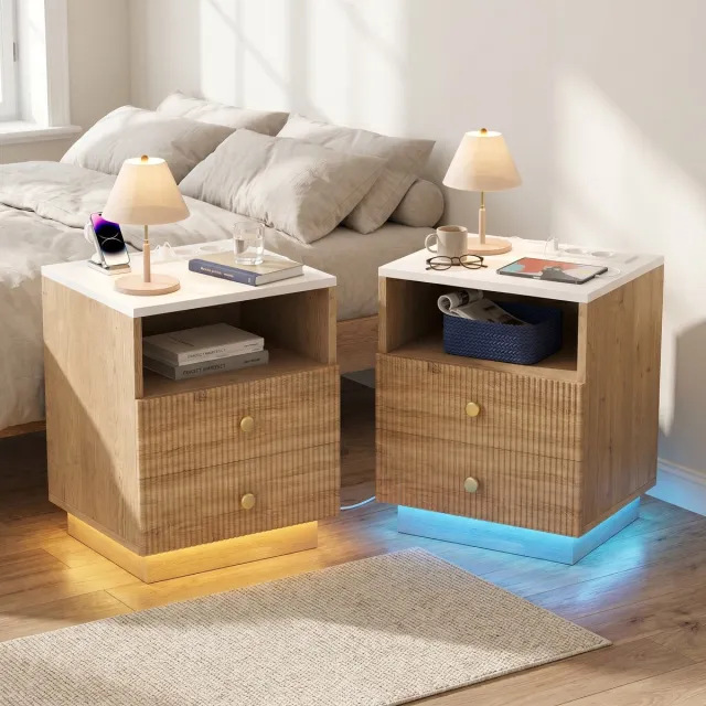 Mofor Set van 2 Nachtkastjes - 44x38x55cm - met LED-verlichting en Oplaadstation - 2 Lades - Hout - Houtkleur