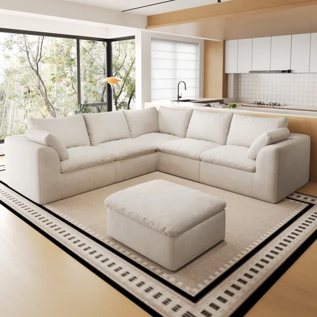 MIVRAY Hoekbank 245 x 245 x 83 cm - Zes Zitplaatsen en Zachte Schuimvulling - Voor de Woonkamer - Linnen Stof - Beige Wit Beigewit