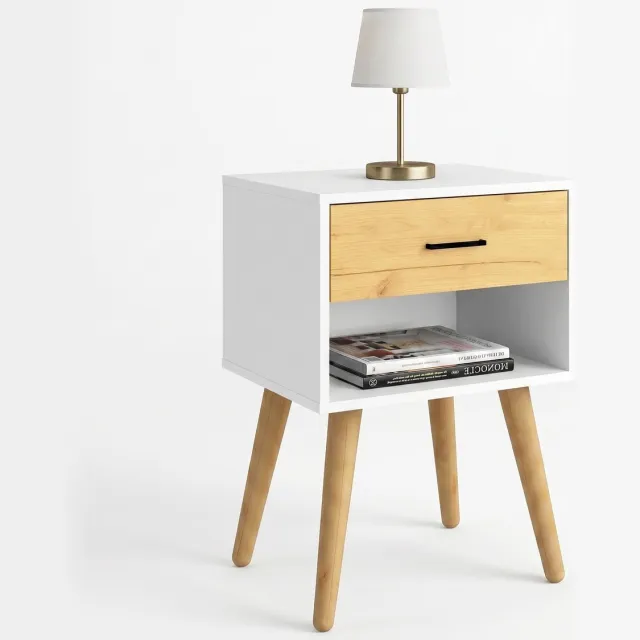 Vcm Nachttisch mit Schublade und Ablagefach, 45 x 30 x 70 cm, Beistelltisch im Retro-Design mit Holzfüßen - Singol weiß / honig-eiche