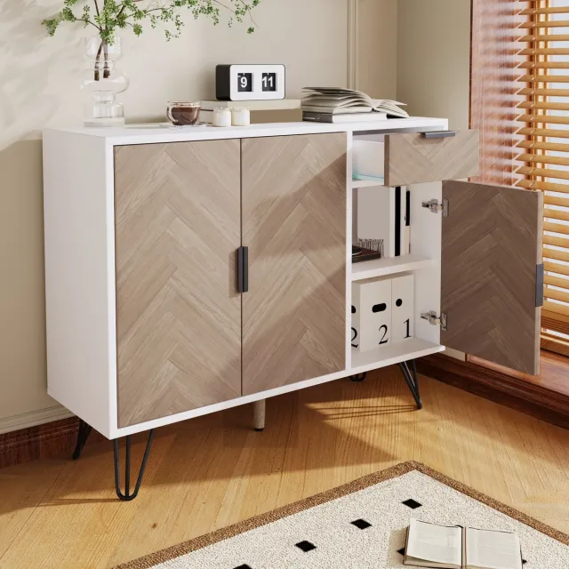 STILVORA Opbergkast - Modern Dressoir Met Lade En 3 Deuren - Hoogteverstelbare Planken En Gedempt Sluiten - MDF;Spaanplaat - 90x30x71,5 cm - Wit+Lichtbruin