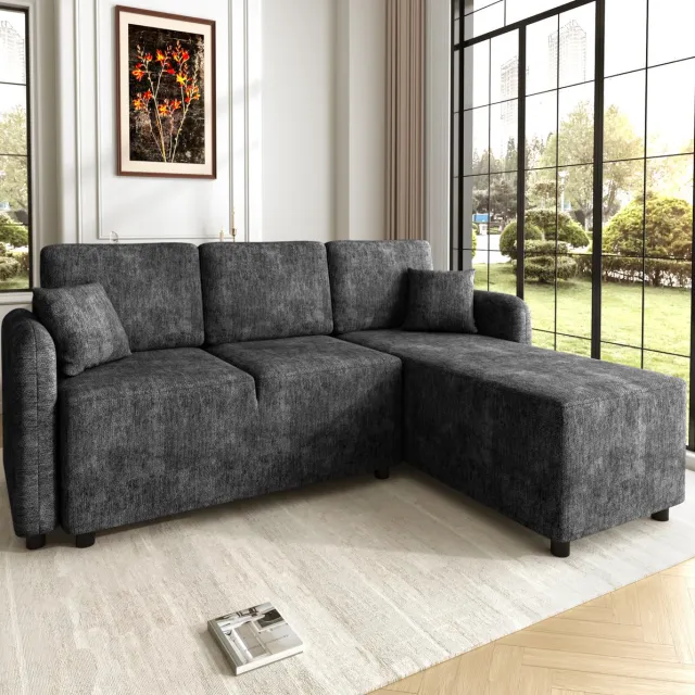 OKWISH Hoekbank 187,5 x 144 x 85,5 cm - 3-Zits L-Vorm Met Relaxgedeelte En 2 Kussens - Chenille - Zwart