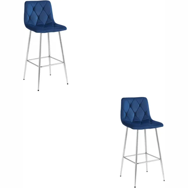 LEOBERT Set van 2 Barkrukken NADO – Marineblauw Velvet / Fluweel – Gestoffeerde Barstoelen met Rugleuning en Voetsteun – Verchroomde Metalen Poten – Modern Design – Voor Keukeneiland, Keuken, Bartafel en Thuisbar