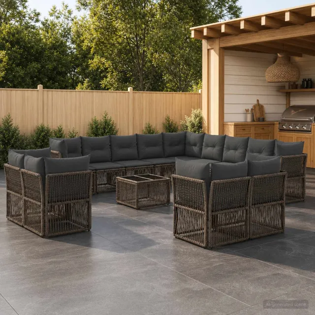 vidaXL Tuinbankenset 14 st 13-zits Grijs poly rattan, foto 2