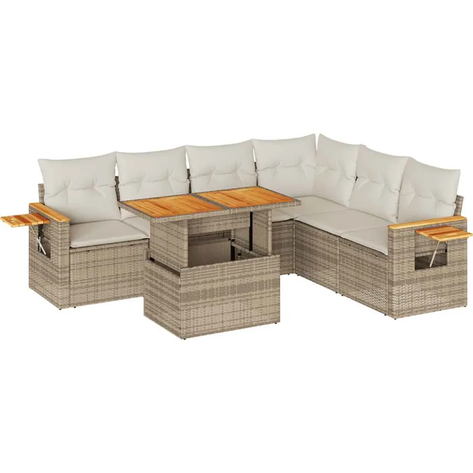 vidaXL 7-delige Loungeset met kussens poly rattan acacia beige, foto 3