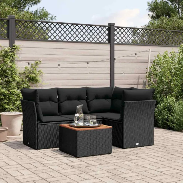 vidaXL 5-delige Loungeset met kussens poly rattan zwart, foto 2