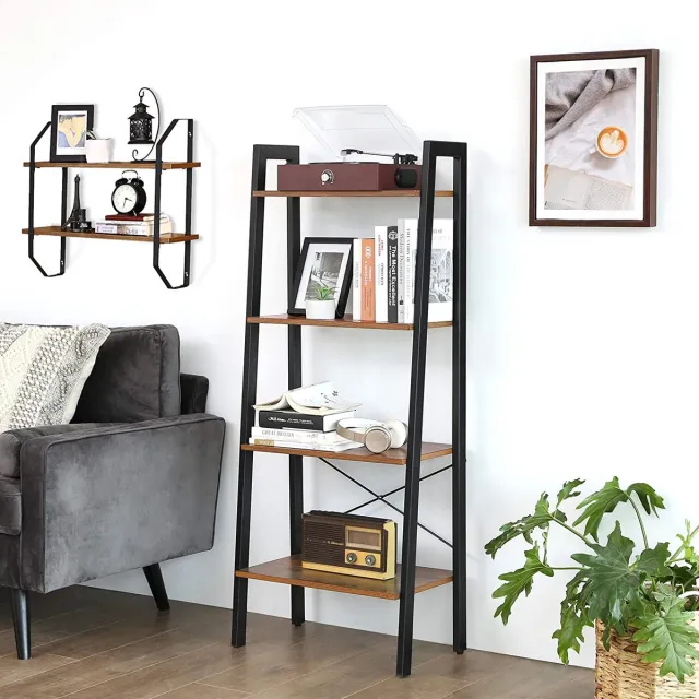 LEOBERT Boekenrek Industrieel Stijl – Rustiek Bruin & Zwart – 4 Planken – Metalen Frame – Vintage Open Kast – Boekenkast, Wandrek voor Woonkamer, Slaapkamer, Kantoor - 56x34x137,5 cm bruin / zwart