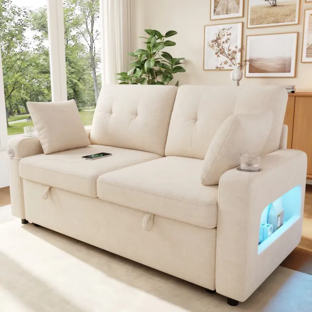 STILVORA Slaapbank 141,5 x 131 x 83,5 cm - Uitschuifbaar Met Ledverlichting, Usb C Aansluiting En Bekerhouders - Voor Woonkamer En Slaapkamer - Chenille Beige