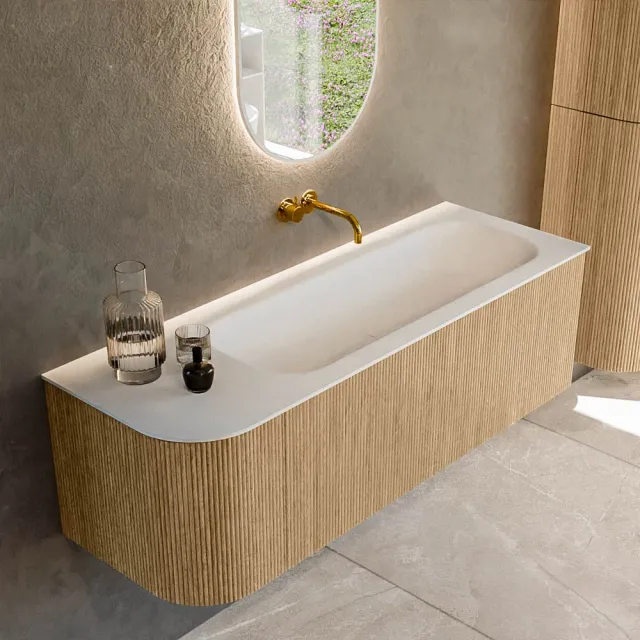 Mondiaz KURVE 135 cm Onderkast Greeploos 1 Lade Met Deuren Oak, Wastafel Solid Surface Rechts Talc 0 Kraangaten Zonder Spiegel (KRVBGM135L1L1D0KR-Oak/Tal)