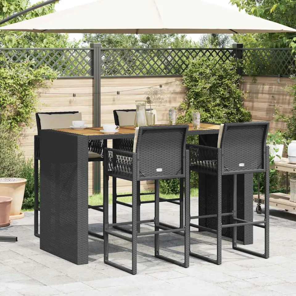 vidaXL 5-delige Tuinbarset met kussens poly rattan acacia zwart, foto 2