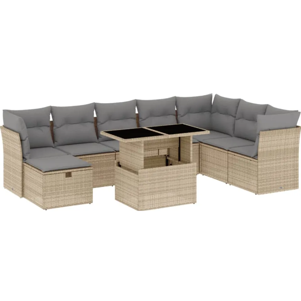 vidaXL 9-delige Loungeset met kussens poly rattan beige