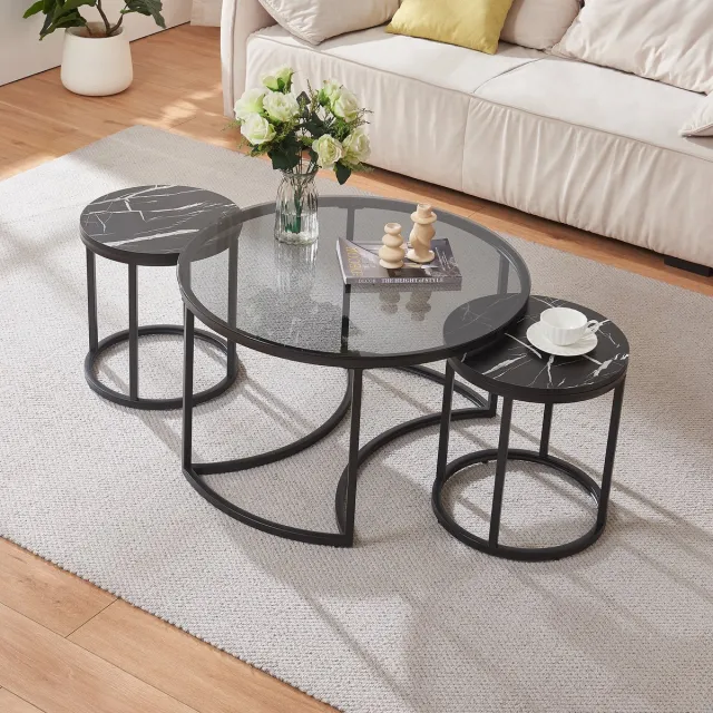 en.casa Salontafel set van 3 Kokkola rookglas marmer zwart en zwart [en.casa]