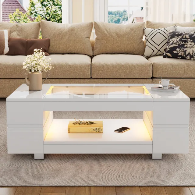 Wishdor LED-couchtisch met app-bediening, wit hoogglans met glazen blad en hol design, 100×50×35 cm, 60.000 kleuren