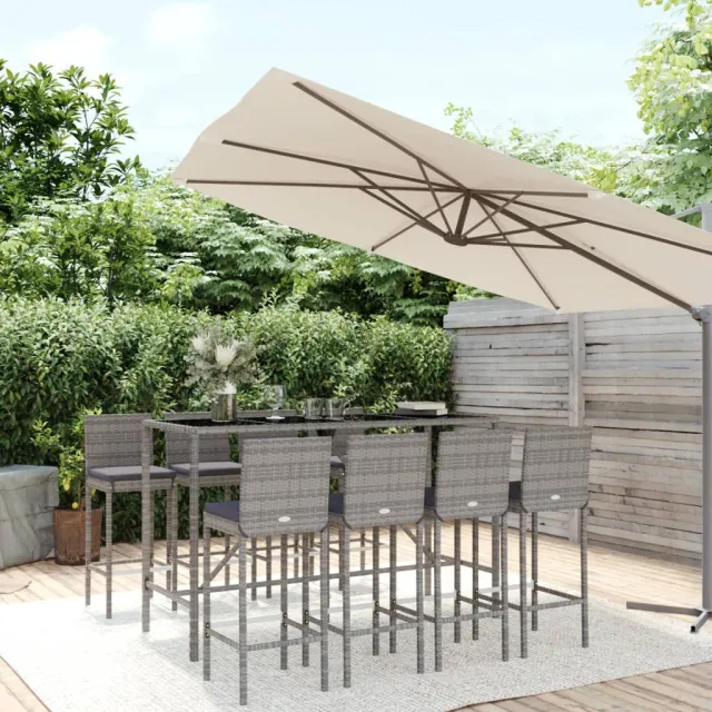 vidaXL 9-delige Tuinbarset met kussens poly rattan grijs, foto 2