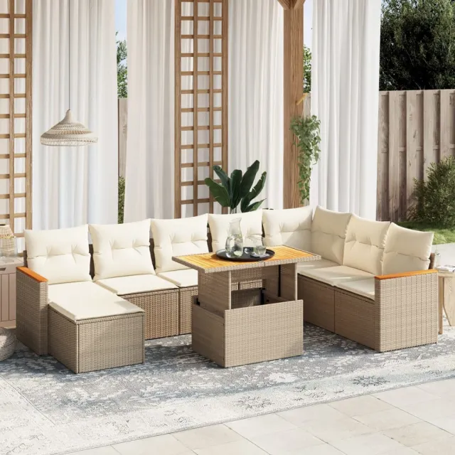 vidaXL 9-delige Loungeset met kussens poly rattan beige, foto 2