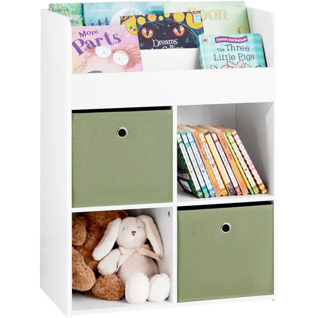 SoBuy Kinderboekenkast met 3 Planken & 4 Vakken – Kinderopbergrek met 2 Stoffen Opbergdozen – voor Speelkamer & Kinderkamer – Wit/Groen, 60x34x80 cm, KMB79-W Wit, Groen