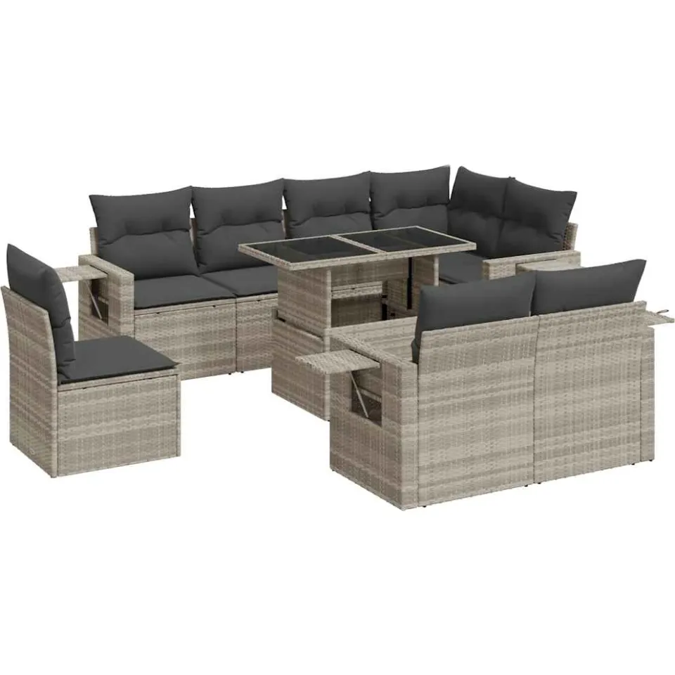 vidaXL 9-delige Loungeset met kussens poly rattan lichtgrijs grijs, foto 3