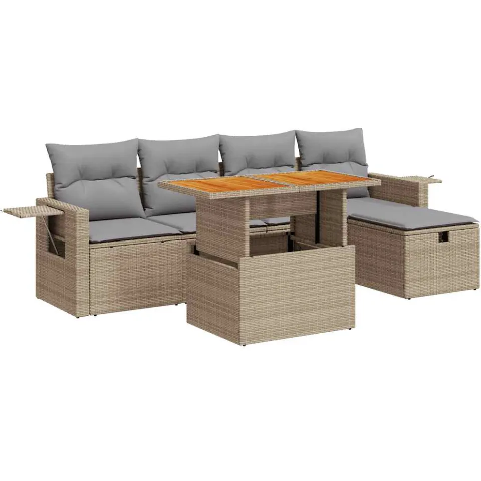 vidaXL 6-delige Loungeset met kussens poly rattan acacia beige, foto 3