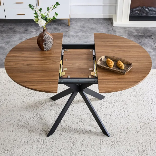 OKWISH Eettafel – Uitschuifbaar Van Rond Naar Ovaal – 137 x 107 x 76 cm – Voor 4 Tot 6 Personen – MDF En Metaal Walnoot Zwart