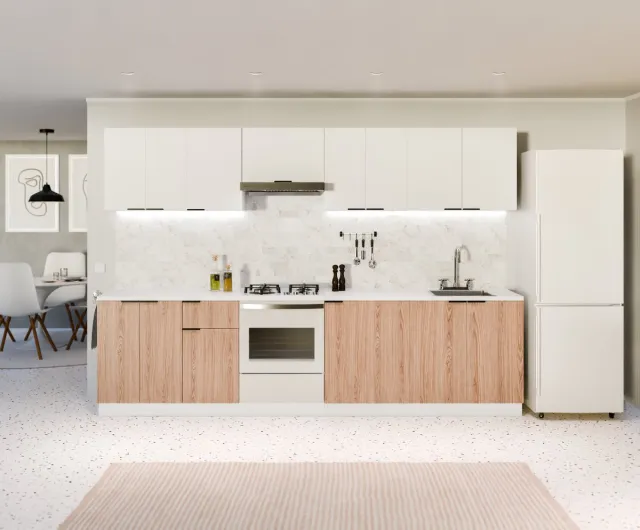 Blumfeldt Keukenkast met werkblad - Moderne ladekast met 30 mm MDF-werkblad, Soft-close-scharnieren, Verstelbare ABS-voeten, Melaminegecoat, Mat-zwarte grepen Wit / Eiken