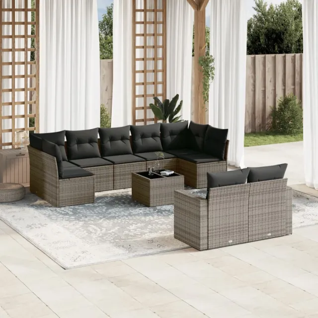 vidaXL 10-delige Loungeset met kussens poly rattan grijs, foto 2