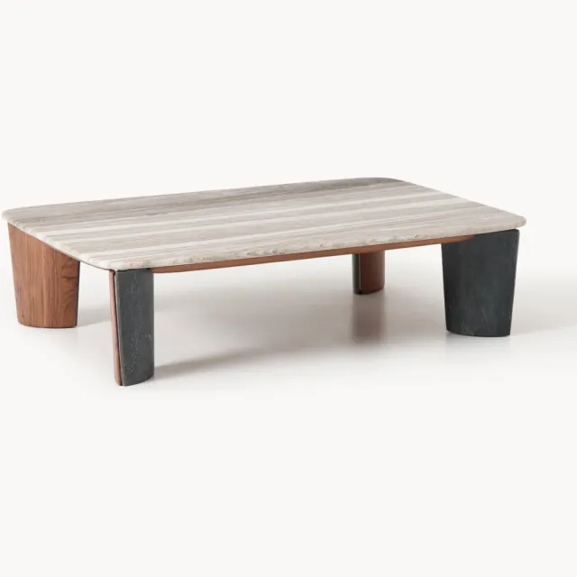 Westwing Collection Marmeren salontafel Muno van acaciahout, B 120 cm Beige, Grijs