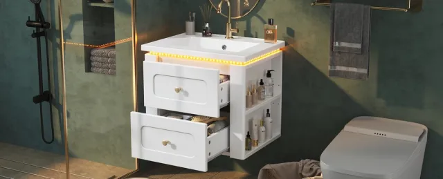 OKWISH Badkamerkast - Wandhangend - Met 2 Lades En Ledverlichting - Met Keramische Wastafel - Glanzend Wit - 61 Cm