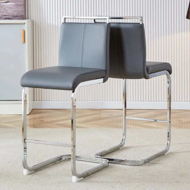 COVREO Barkrukken Set van 2, 39x46,5x96,5 cm, Grijs Lederlook met Zilver Metaal, Rugleuning en Voetsteun, Modern Nordisch, voor Keuken en Bar Grijs en Zilver