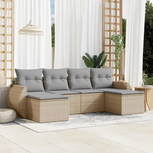 vidaXL 6-delige Loungeset met kussens poly rattan beige, foto 2
