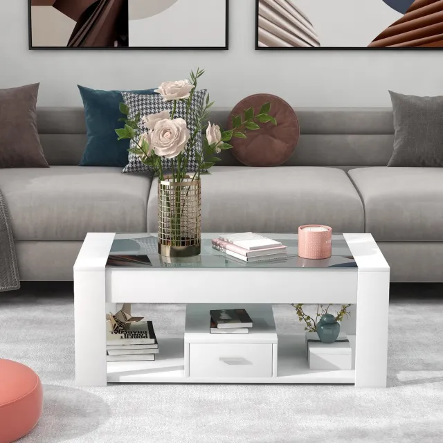 Clruro Gran Vida® - Salontafel met Gehard Glas - Modern Design - Praktische Opbergruimte - Stijlvolle Toevoeging aan je Woonkamer - 100 x 50 x 40 Wit