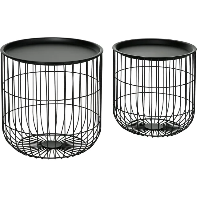 Homona Bijzettafels - Set van 2 - Met opbergmanden - Stalen frame - Ø40 x 40 cm en Ø35 x 35 cm - Zwart
