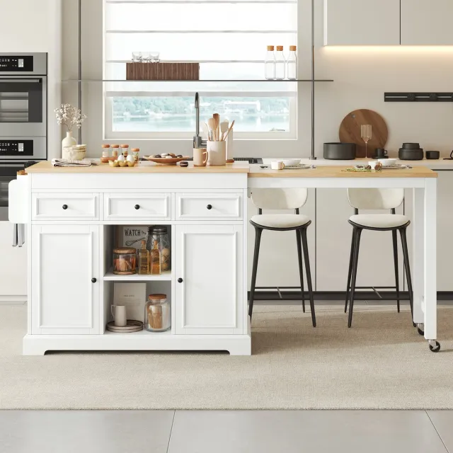 STILVORA Keukeneiland - Uitschuifbaar Werkblad Met Lades En Kruidenrek - Verrijdbaar Voor Keuken - MDF - 112-188x45x92 Cm - Wit;Natuurlijk