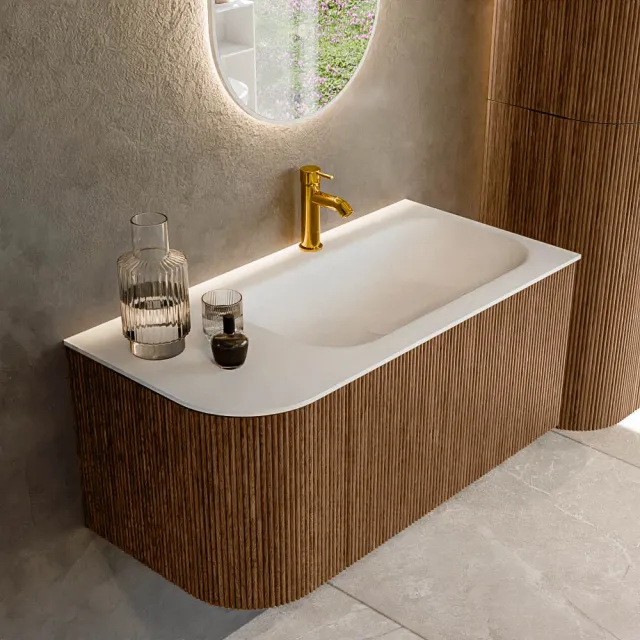 Mondiaz KURVE 95 cm Onderkast Greeploos 1 Lade Met Deuren Walnut, Wastafel Solid Surface Rechts Talc 1 Kraangat Zonder Spiegel (KRVBGS95L1L1D1KR-Wal/Tal)