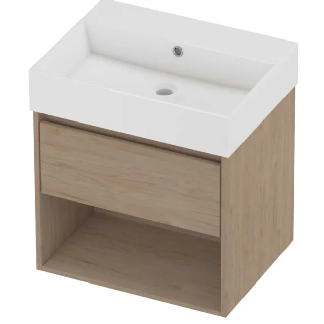 Proline Zara Badmeubelset Porselein Loft Zonder Kraangat Met Schap 60x46x65 cm Glans Wit Ideal Oak Eiken