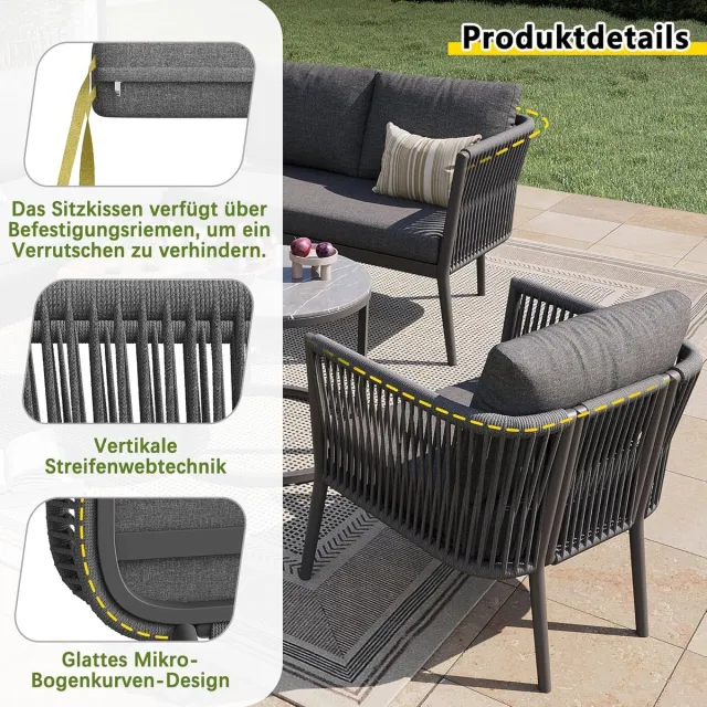 Laura Modulaire Tuin Loungeset 5-Delig 114,5x61x67 cm Hoekbank + Fauteuil + 2 Tafels – Weerbestendige Outdoor Loungeset met 8 cm Kussens, Verstelbare Poten & Flexibele Opstelling – Grijs – Laura