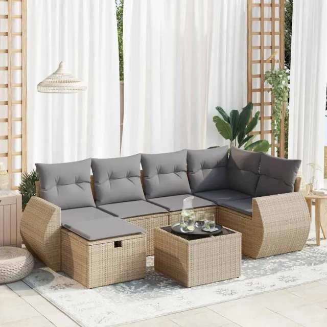 vidaXL 7-delige Loungeset met kussens poly rattan beige, foto 2