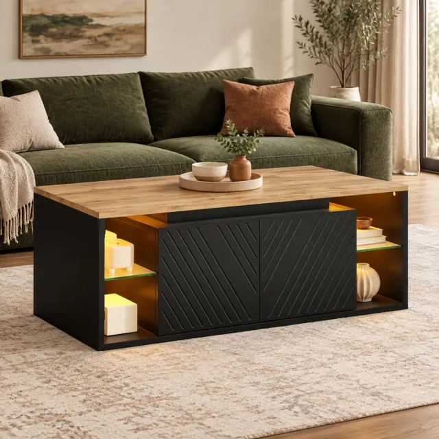 Maisentiel Salontafel 100 x 50 x 41 cm met LED en opbergruimte, spaanplaat, zwart