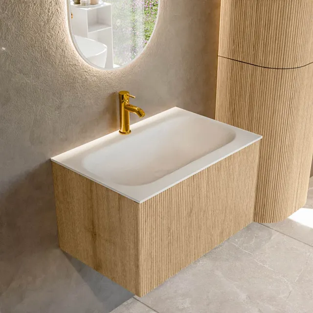 Mondiaz KURVE 70 cm Onderkast Greeploos 1 Lade Zonder Deuren Oak, Wastafel Solid Surface Volledig Talc 1 Kraangat Zonder Spiegel (KRVBGS701L0D1KM-Oak/Tal)