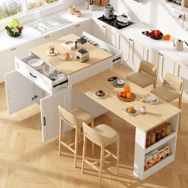 Sweiko Uitschuifbare Eettafel - 2 lades - Opbergplank - Keukeneiland - Houtnerf - Natuurlijke + Wit