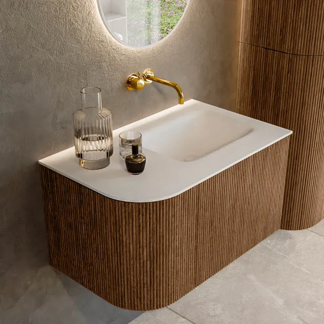 Mondiaz KURVE 75 cm Onderkast Greeploos 1 Lade Met Deuren Walnut, Wastafel Solid Surface Rechts Talc 0 Kraangaten Zonder Spiegel (KRVGRU75L1L1D0KR-Wal/Tal)