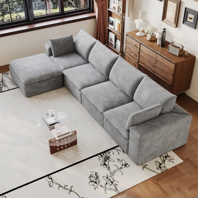 Wishdor Hoekbank 5-zits met linker liggedeelte - Modulair - Afneembare kussens - Zonder montage - Ribfluweel - Woonkamer slaapkamer vergaderruimte appartement - Grijs - 340 x 160 x 60 cm Grijs (met 1 ottomane)