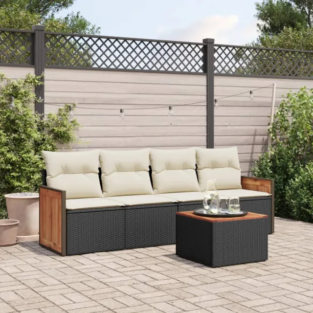 vidaXL 5-delige Loungeset met kussens poly rattan zwart, foto 2