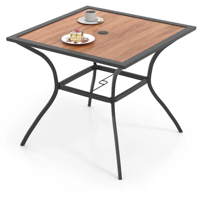 Costway Tuintafel met tafelblad in houtlook, terrastafel met verstelbaar parasolgat, balkontafel voor 4 personen, outdoor eettafel voor balkon, terras, tuin, 85 x 85 x 74 cm bruin