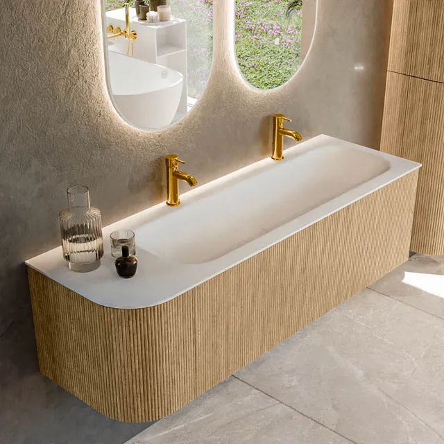 Mondiaz KURVE 145 cm Onderkast Greeploos 1 Lade Met Deuren Oak, Wastafel Solid Surface Rechts Talc 2 Kraangaten Zonder Spiegel (KRVBGL145L1L1D2KR-Oak/Tal)