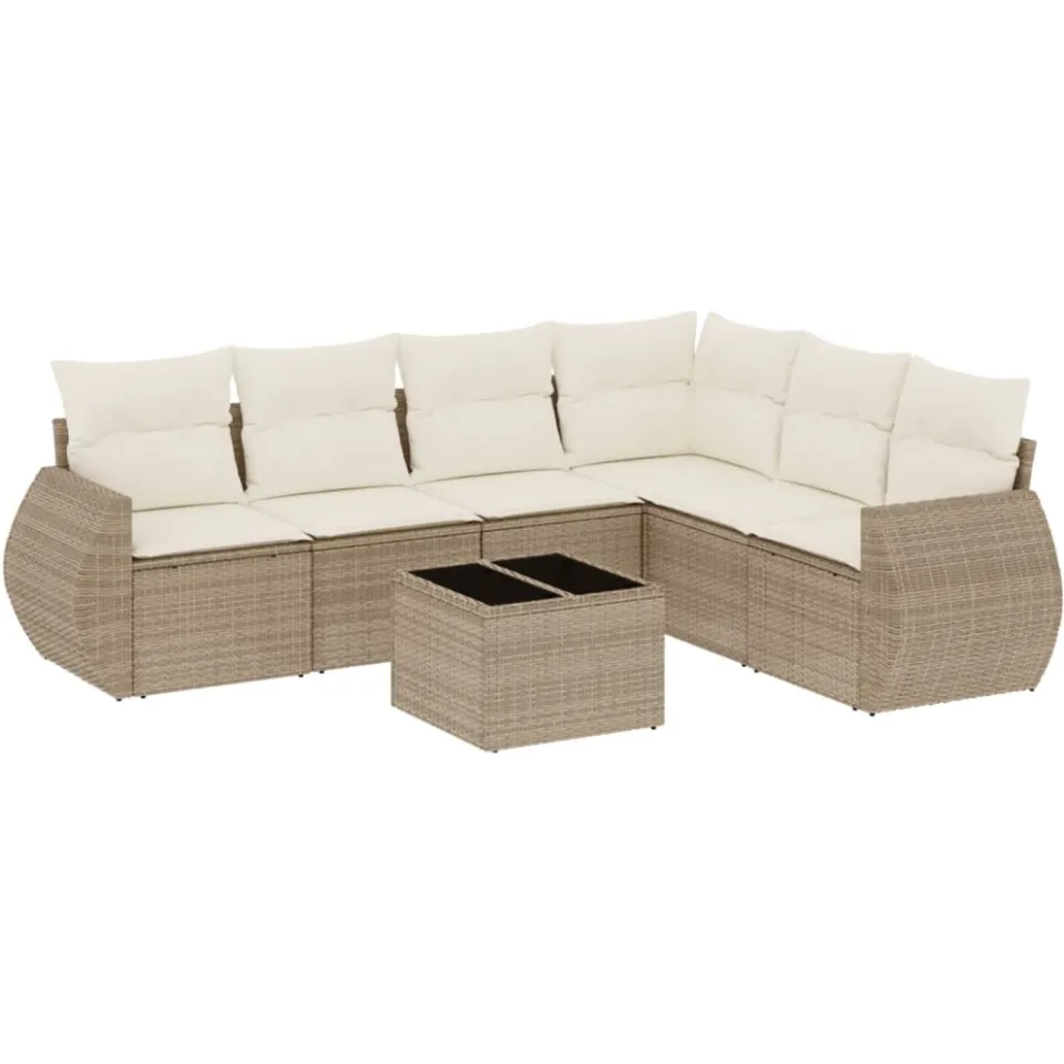 vidaXL 7-delige Loungeset met kussens poly rattan beige, foto 4