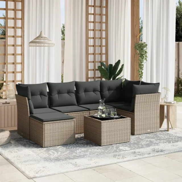 vidaXL 7-delige Loungeset met kussens poly rattan lichtgrijs grijs, foto 2