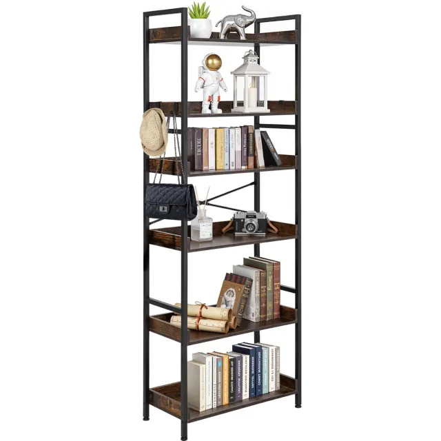 Vevor Industriële Boekenplank, 6-lagen, Vintage Ladder Boekenplank en Boekplank, met Metalen Frame, Boekorganisator met Open Schappen, voor Living Room, Bedroom, Kitchen, Home Office, Rustics Brown Bruin