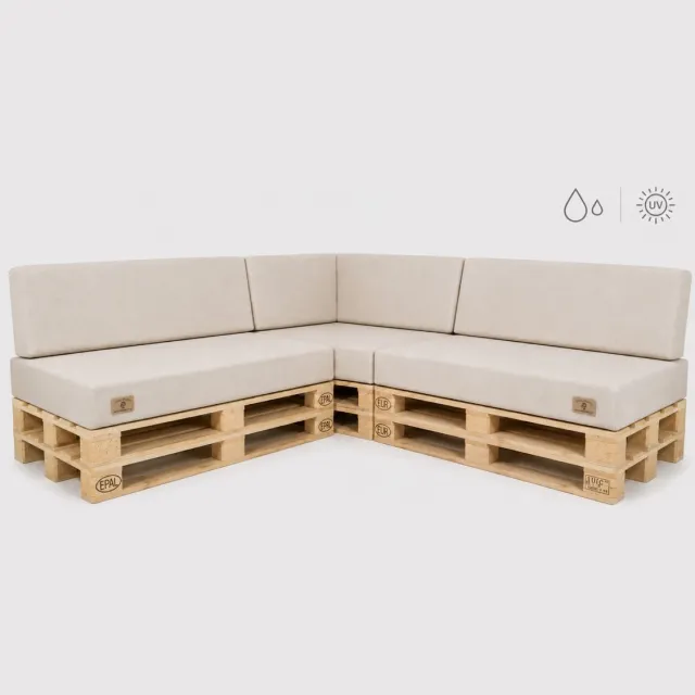 ODOL-PLUSZ Palletkussenset Hoekbank 3-delig 120x80 cm + 40x120 cm – UV-bestendige Tuinkussens voor Palletbank met Hoekrugkussen – Linnenlook – Links – Beige