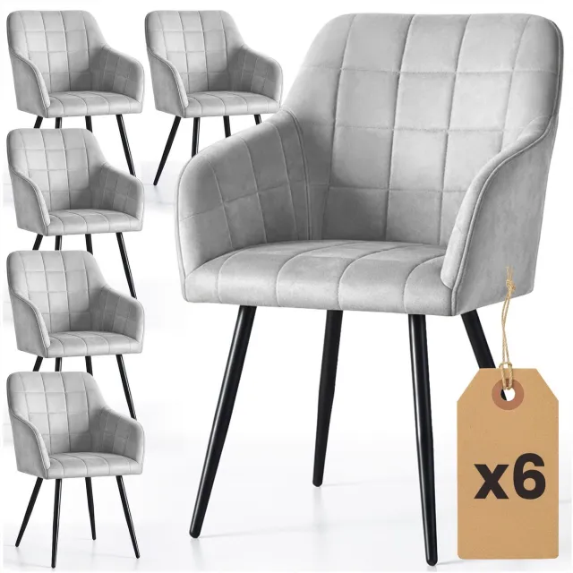 Akord Set van 6 Eetkamerstoelen LUXANO met Armleuningen / Gestoffeerde Stoelen / Fluwelen Stoelen en Metalen Poten / Grijs met zwarte benen